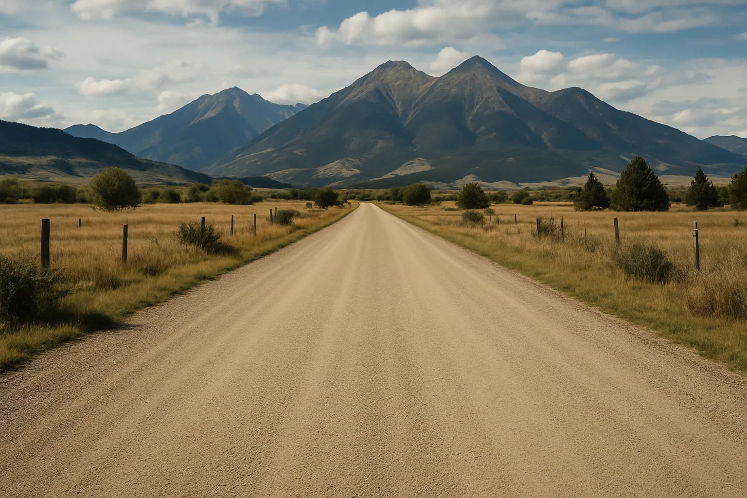 A freshly compacted smooth road-mix gravel driveway surface in rural Montana